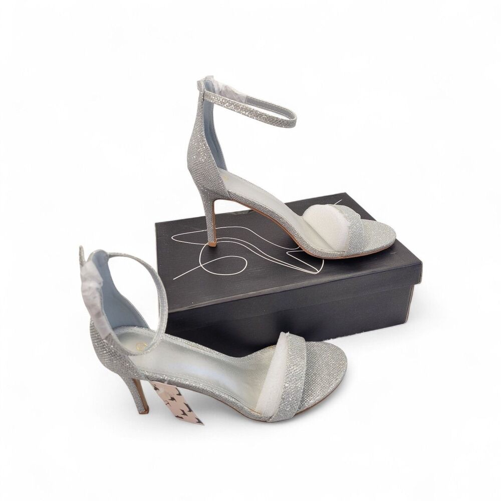 Qonetic Women's Silver Glitter Ankle Strap High Heels Stiletto Sandals Size 9.5